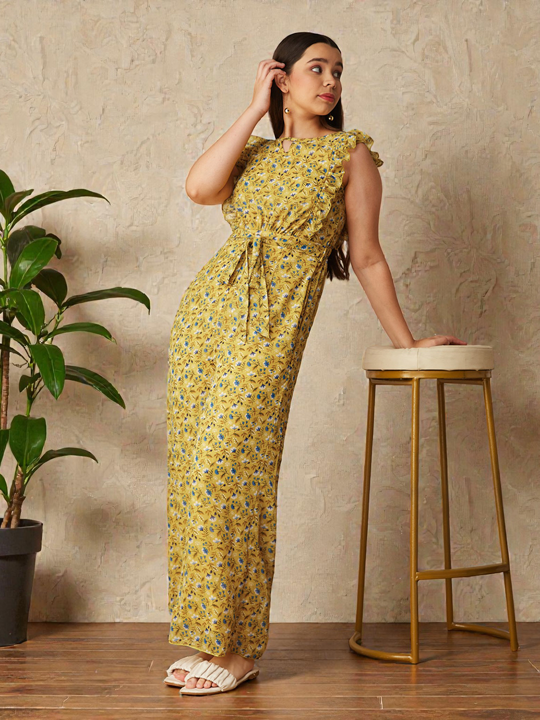 Multicolored-Base-Yellow Round neck Sleeveless Floral Wide-Leg Regular Jumpsuit for Girls/Teenagers