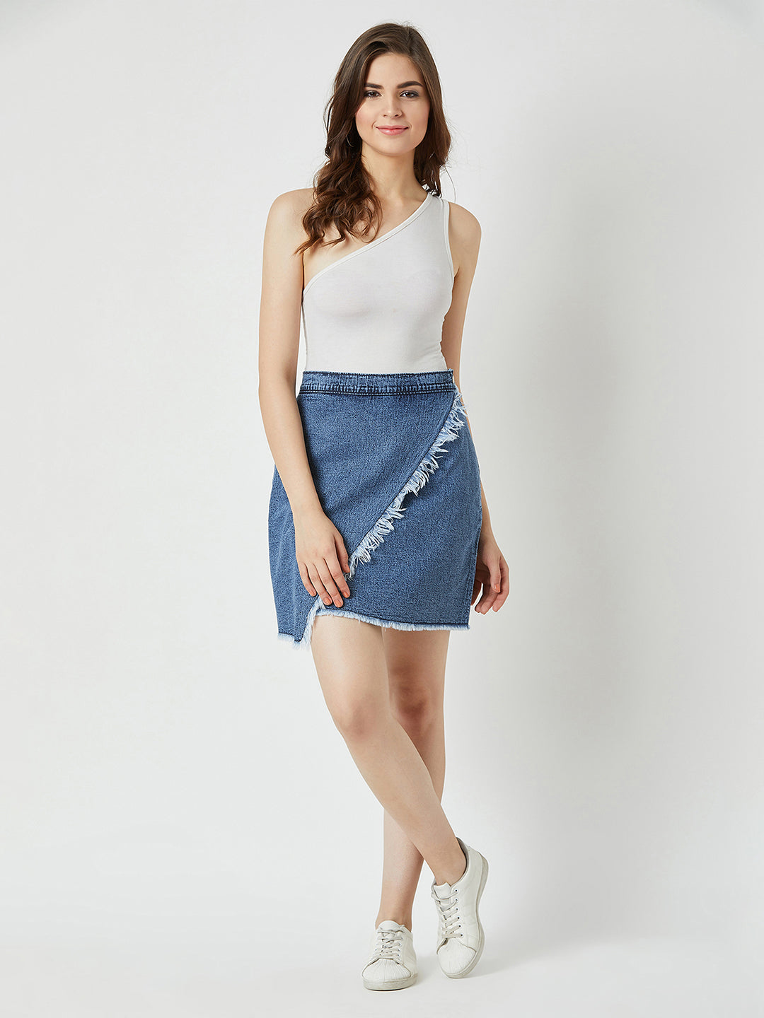 Women's Blue Regular Fit Mid Rise Clean Look Mini Denim Skirt