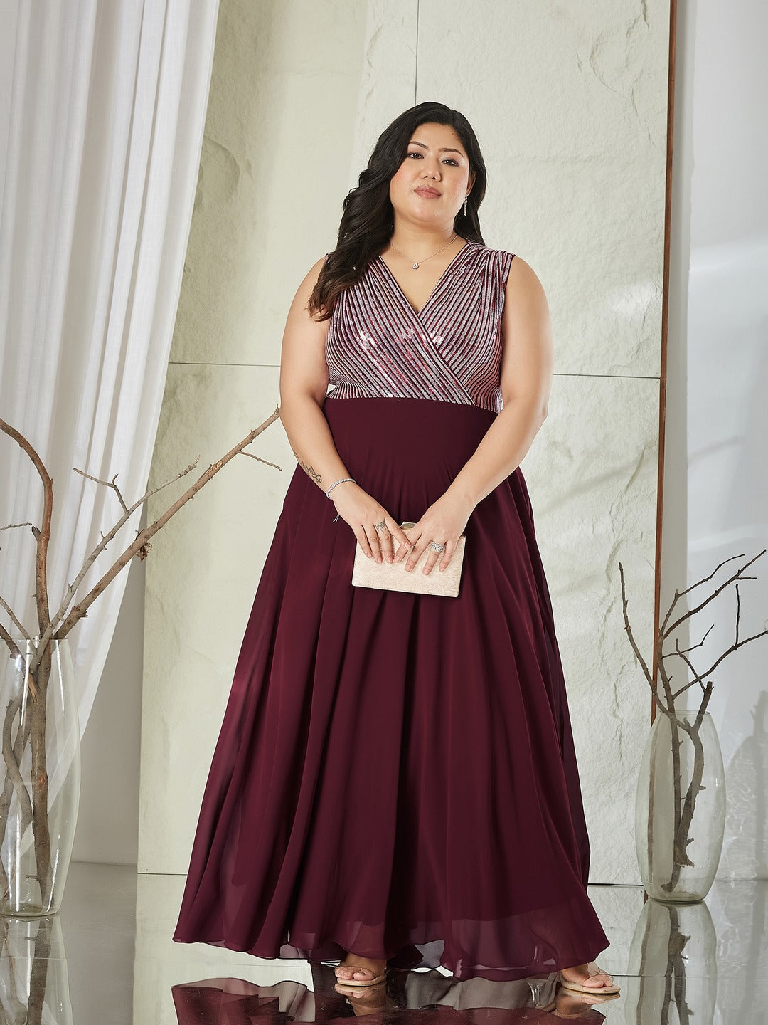 Wine V-Neck Sleeveless Embellished Wrap-Styled Maxi Georgette Dress for Women