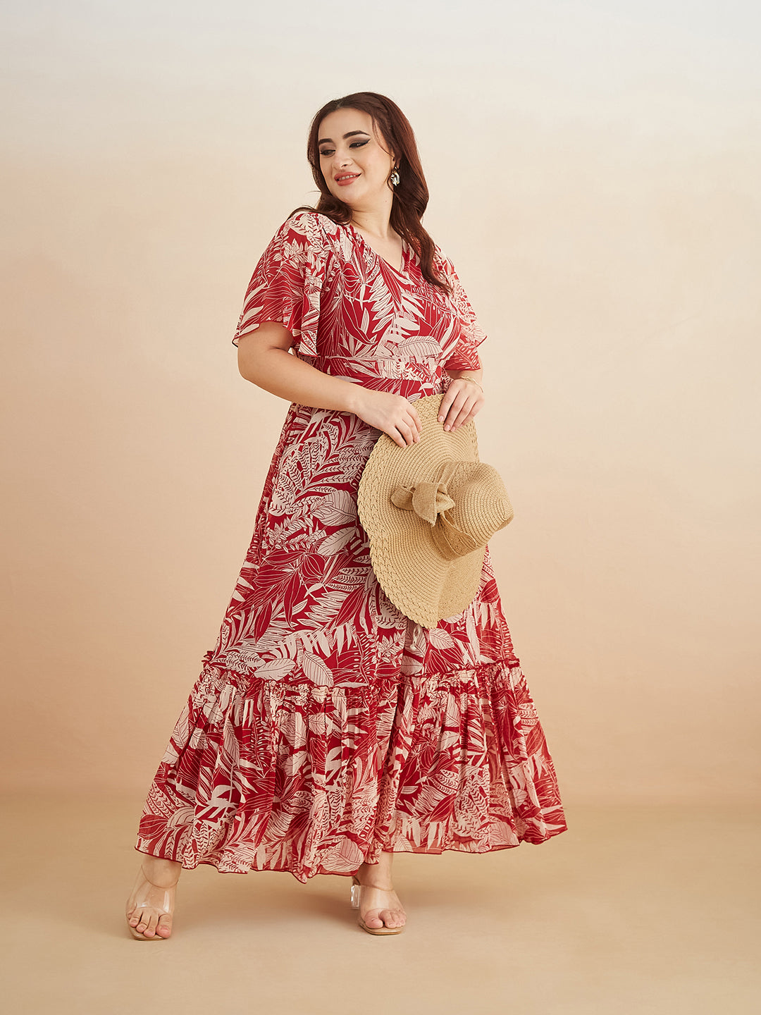 Multicolored-Base-Maroon V Neck Flared Sleeve Floral Wrap Maxi Dress for Women — Miss Chase A+