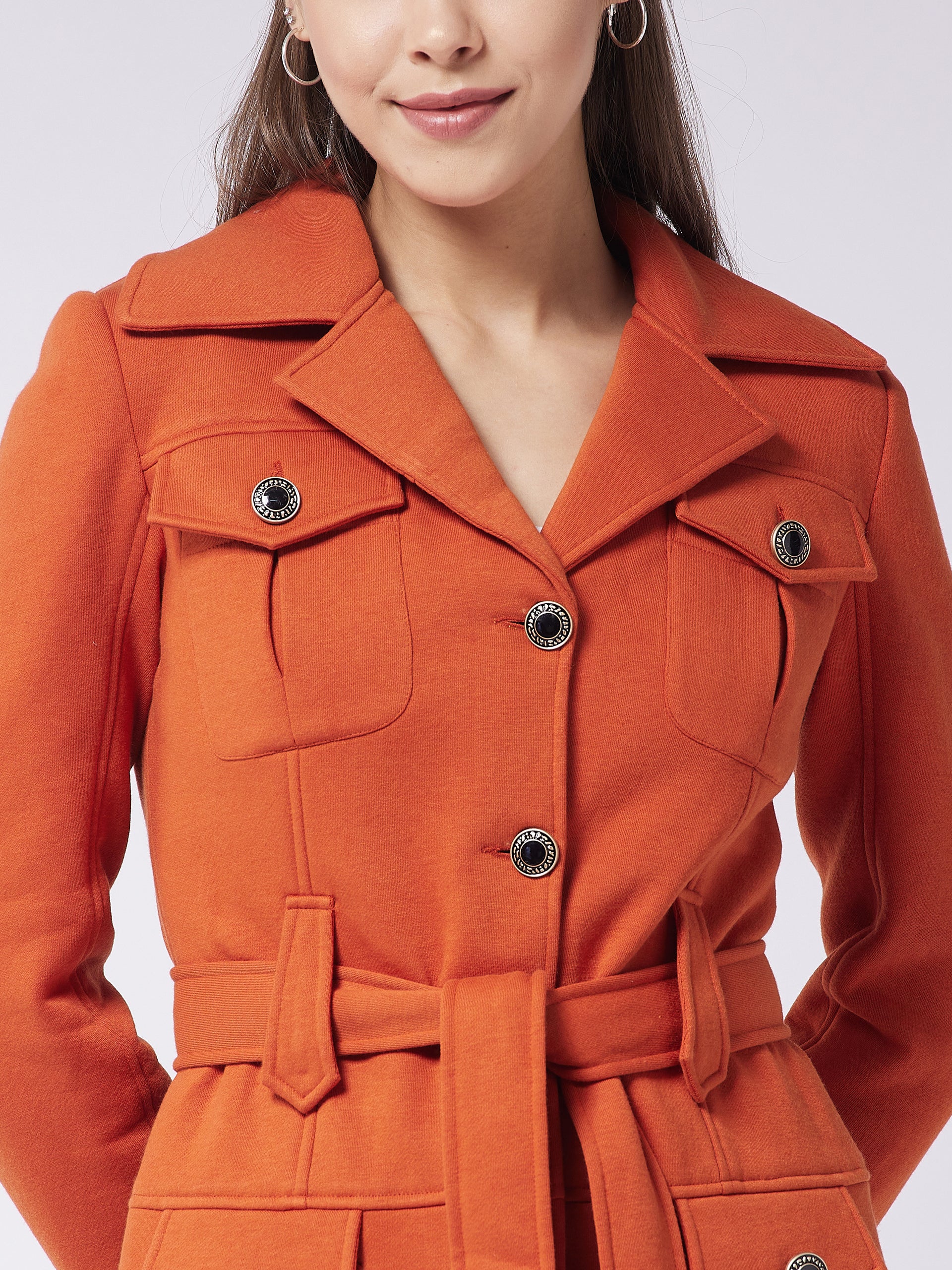 Women's Rust Notch Collar Full Sleeve Solid Safari Longline Jacket