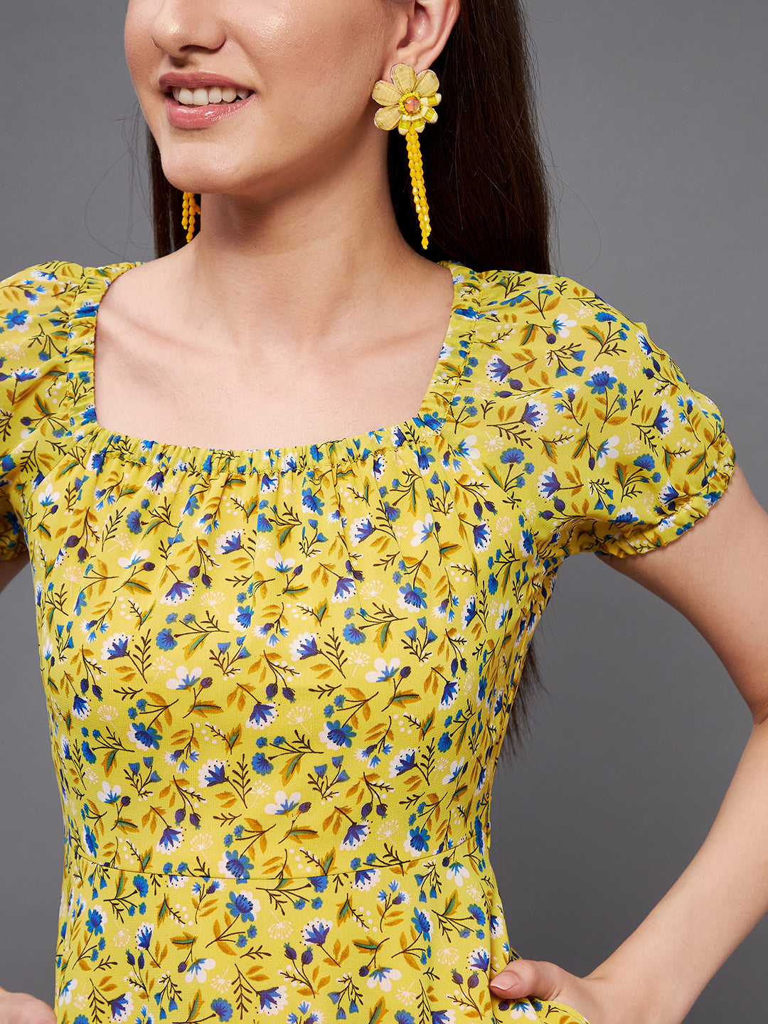 Women's Multicolored Base-Yellow Square Neck Short Puff Sleeve Floral Tiered Georgette Midi Dress