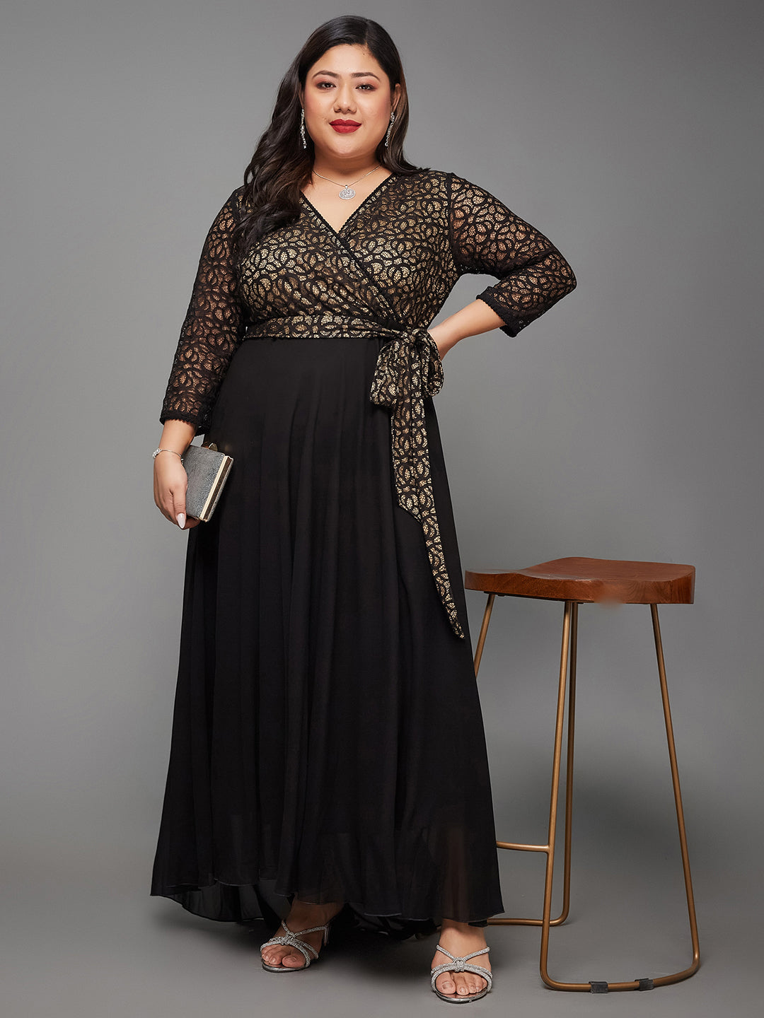 Women's Black Self-Designed Relaxed Fit V-Neck 3/4th Sleeve Georgette And Lace Maxi Dress