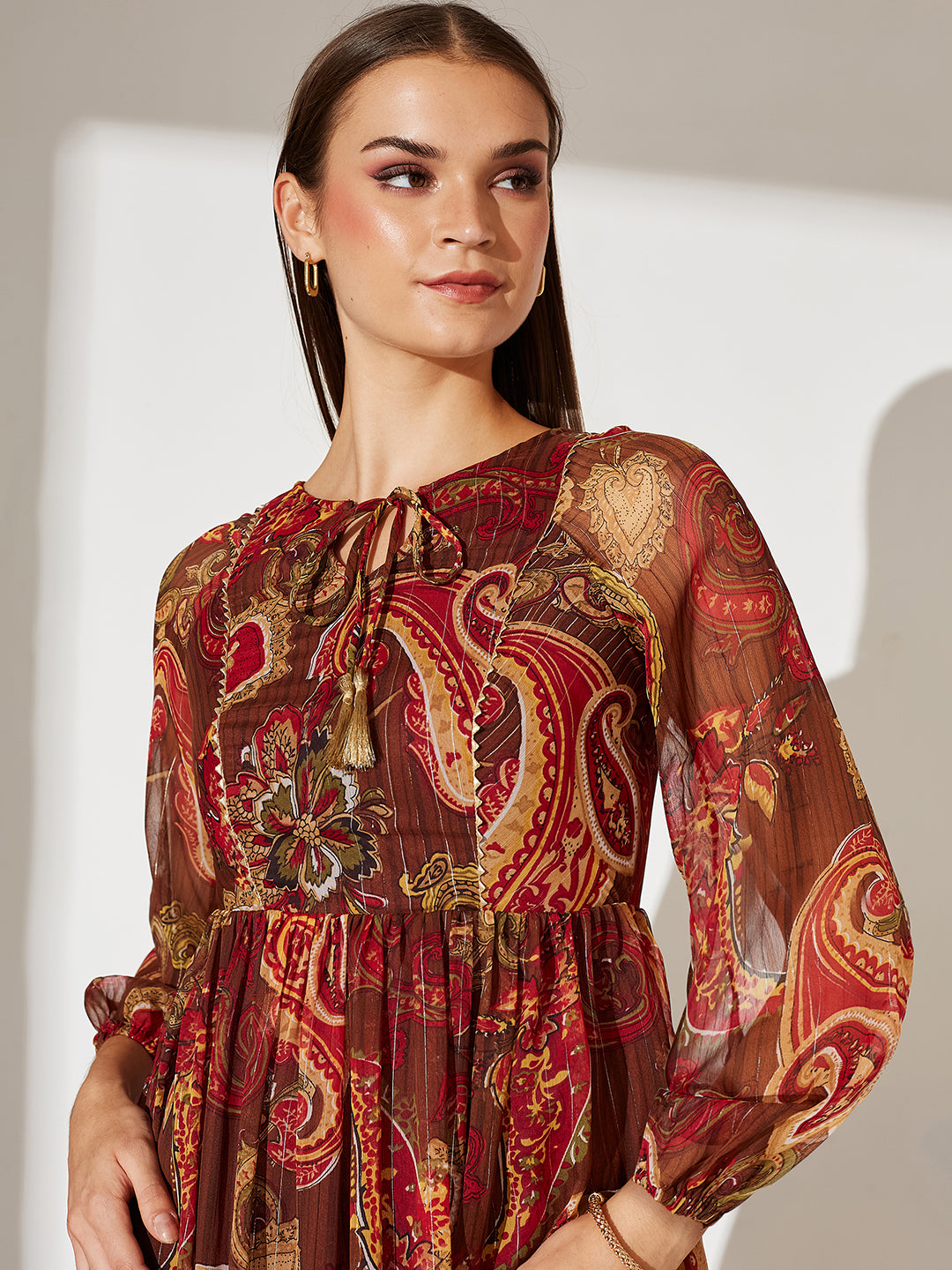 Women's Multicolored-Base-Brown Relaxed Fit Maxi Lurex Chiffon Dress