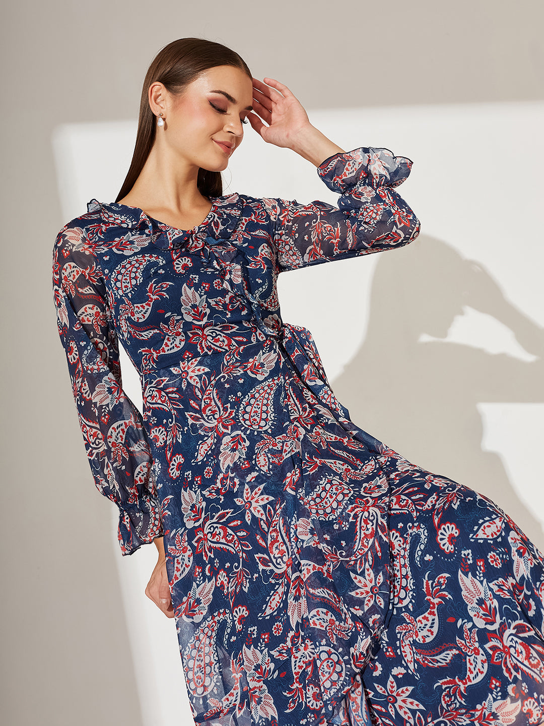 Women's Multicolored-Base-Navy Blue V Neck Full Sleeves Polyester Relaxed Fit Midi Length Dress