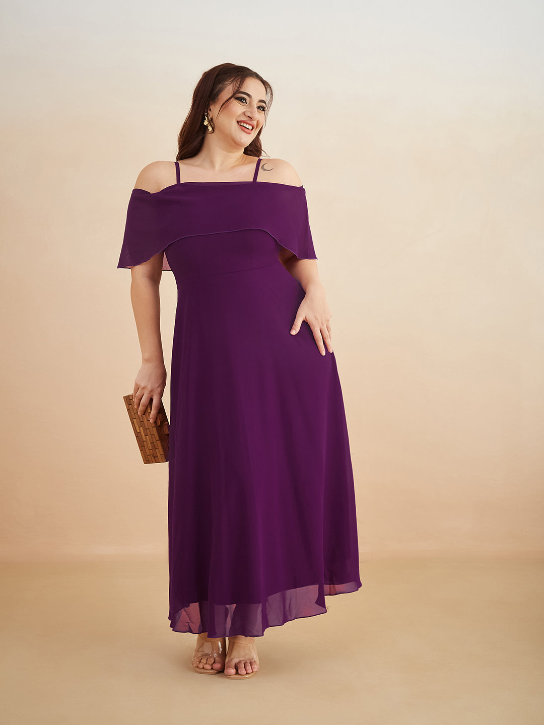 Purple Bardot Style Sleeveless Spaghetti Strap Solid Off Shoulder Midi Skater Dress for Women
