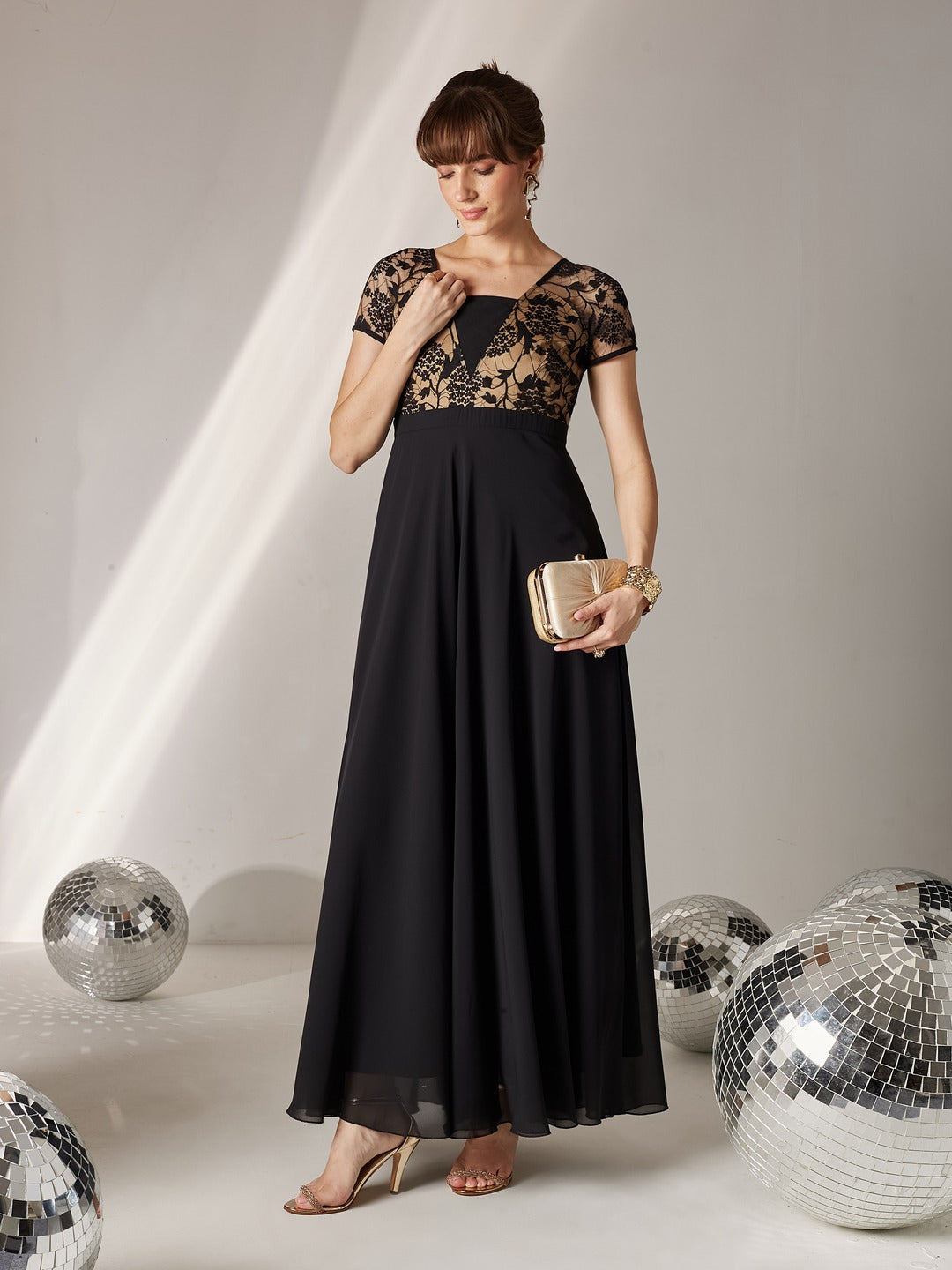 Black Square Neck Raglan Short Sleeve Self Design Lace Overlaid Georgette Maxi Dress for Women