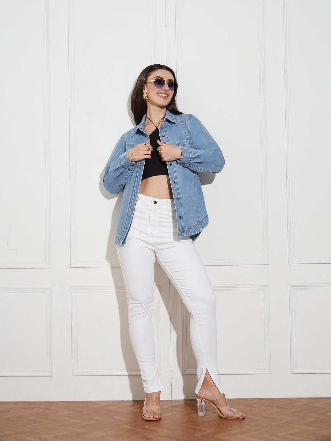 Women’s Light Blue Asymmetric Denim Shirt – Full Sleeves, Relaxed Fit, Collared