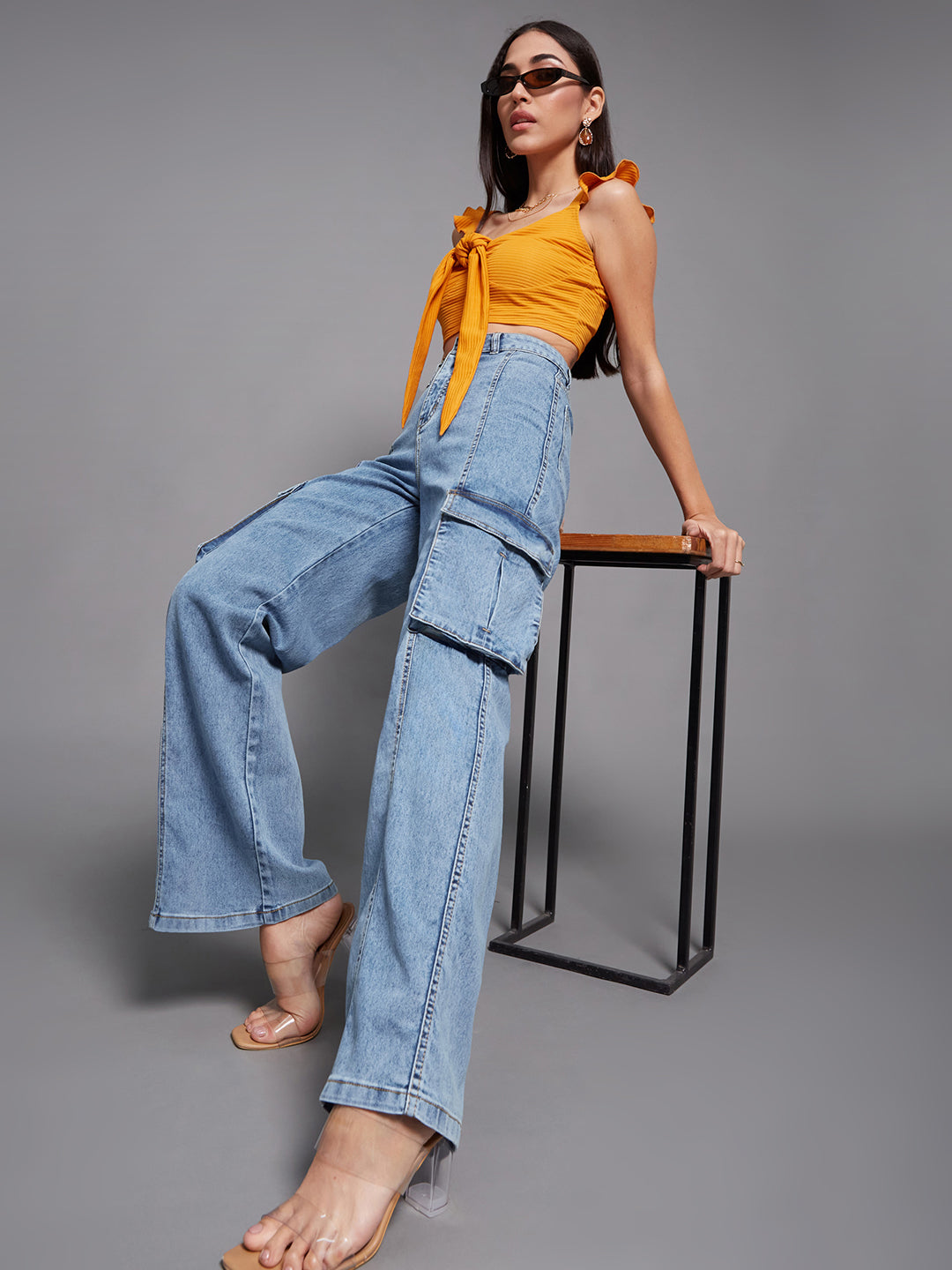 Women's Blue Wide-Leg High-Rise Clean-Look Regular-Length Stretchable Patch-Pocketed Denim Jeans