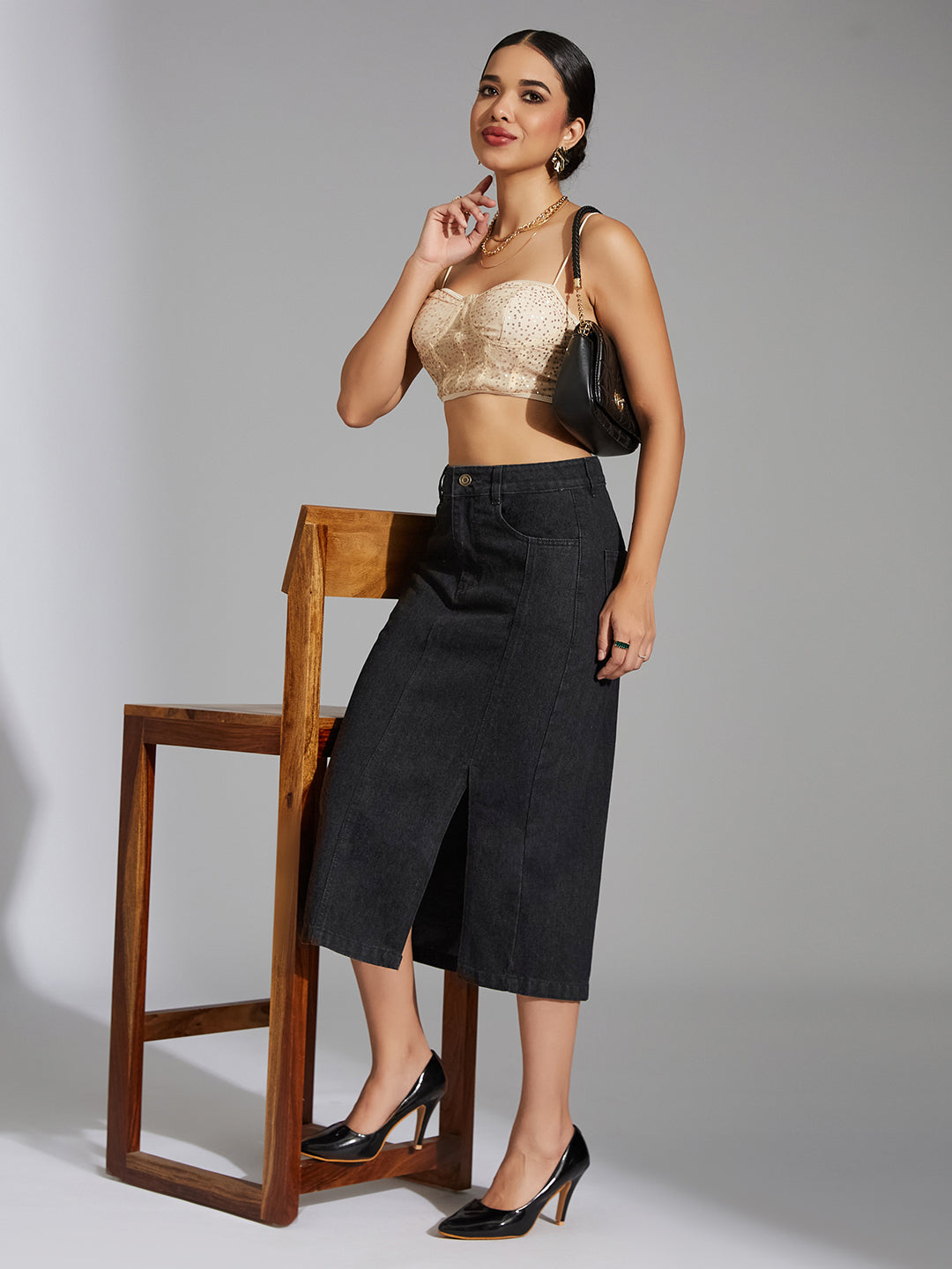 Women's Black Straight-Fit High-Rise Clean-Look Stretchable Denim Midi Skirt