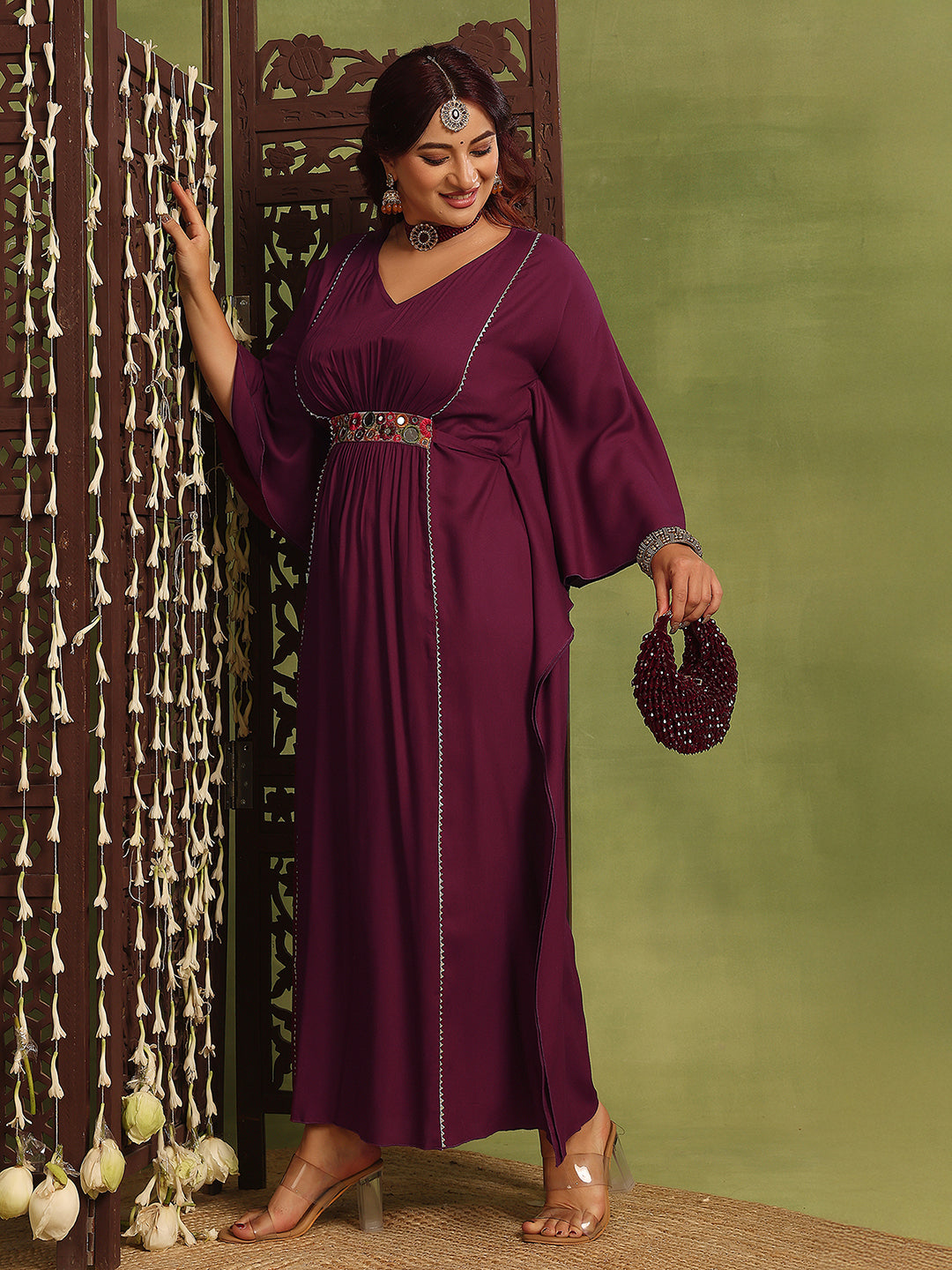 Women's Wine V-Neck Three-Quarters Sleeve Solid Viscose Rayon Maxi Kaftan Dress