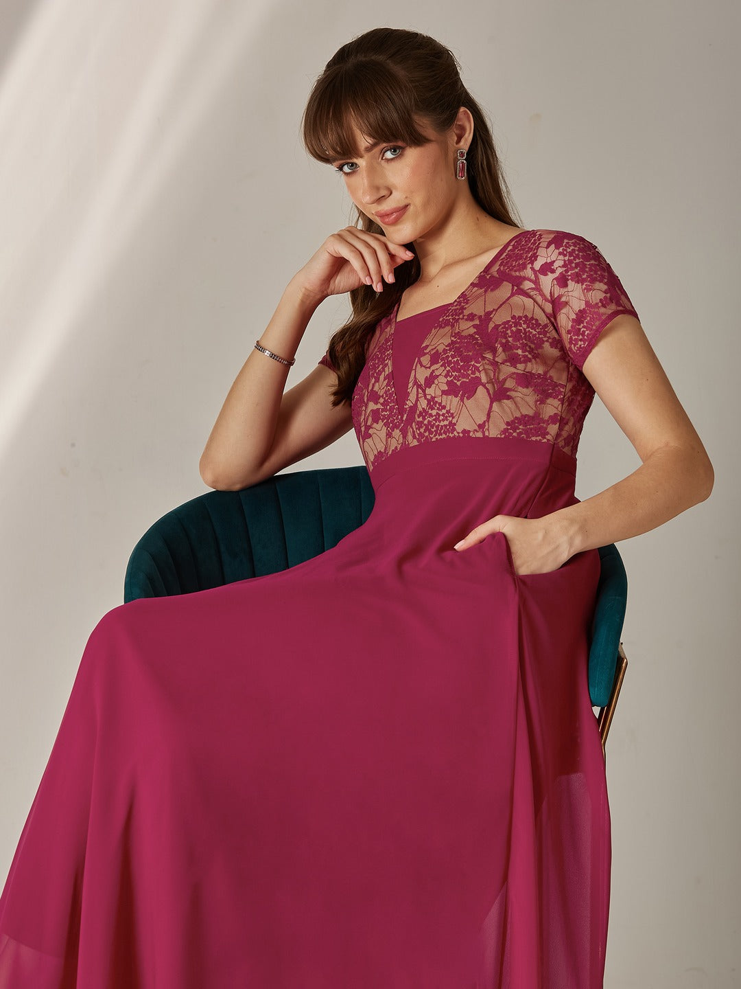 Dark Pink Square Neck Raglan Short Sleeve Self Design Lace Overlaid Georgette Maxi Dress for Women