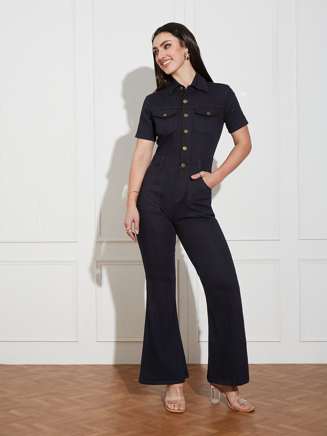 Women's Black Flared High Rise Regular Stretchable Denim Jumpsuit