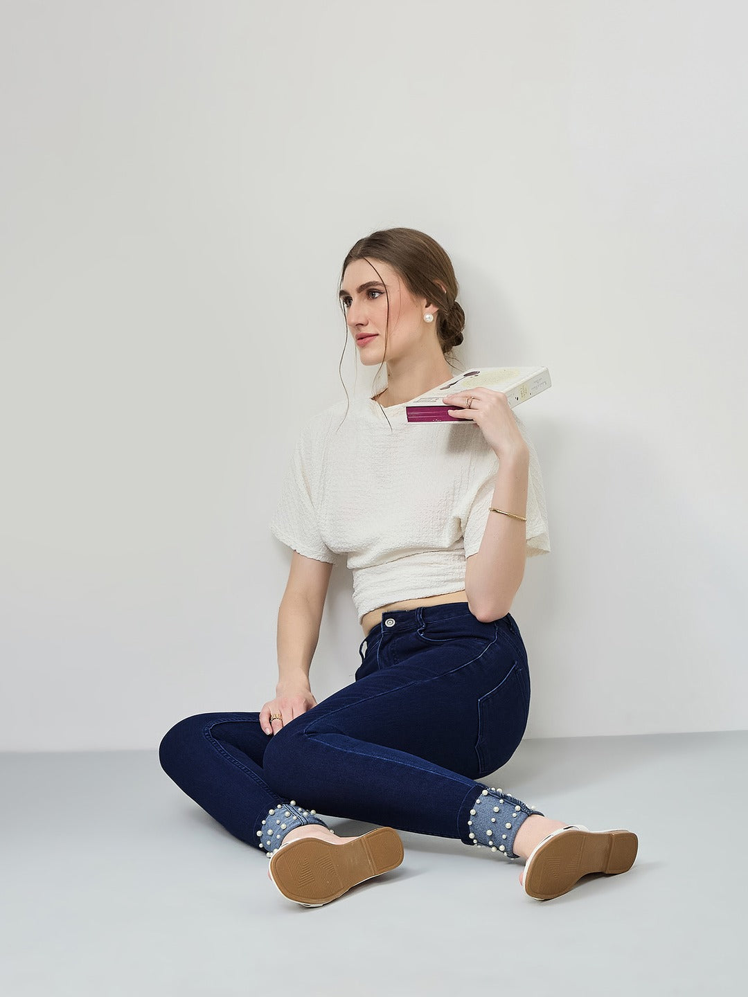 Navy Blue Skinny Fit high-rise Pearl Embellished On The Hem Denim Stretchable Jeans for Women