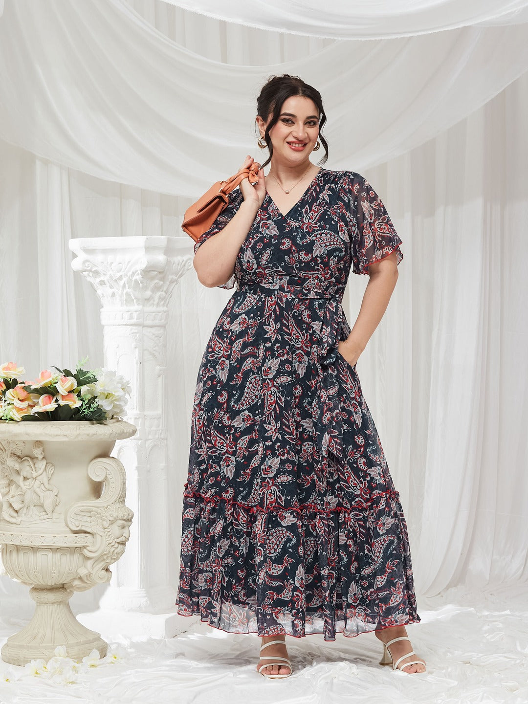 Navy Floral Wrap Chiffon Maxi Dress with Flutter Sleeves & Frilled Hem for Women — Miss Chase A+