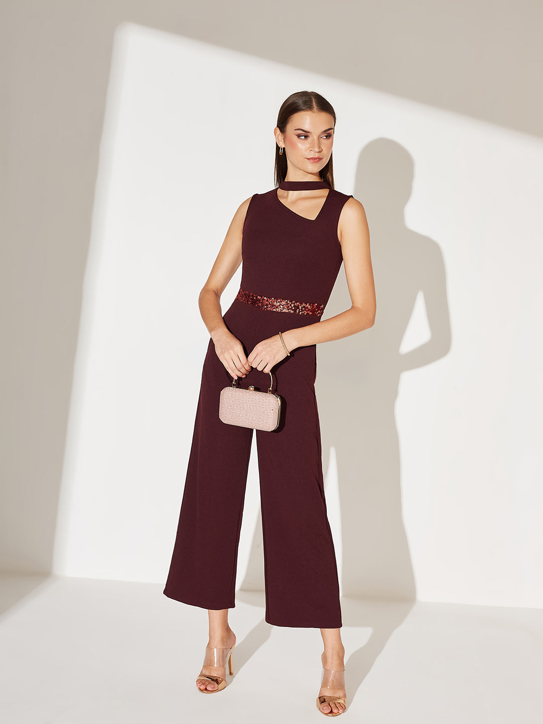 Women's Wine Collared Sleeveless Solid Asymmetric Neck Cut-Out  Jumpsuit
