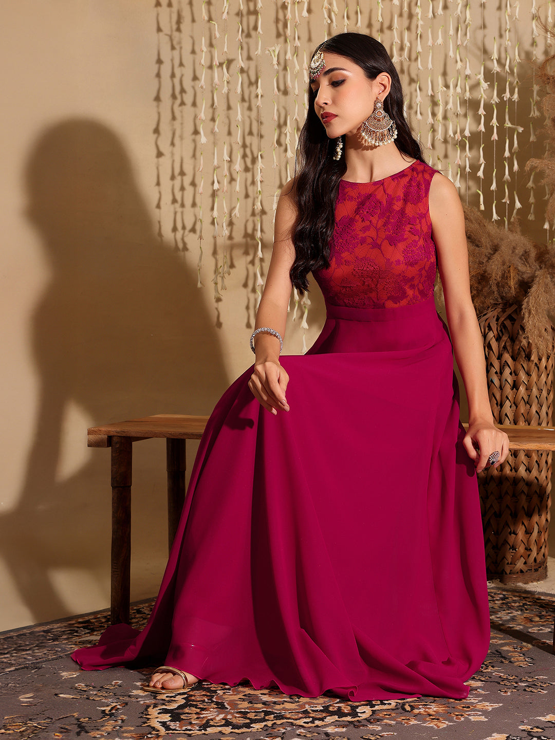 Women's Dark Pink & Rust Boat Neck Sleeveless Self Design Lace Overlaid Regular Dress