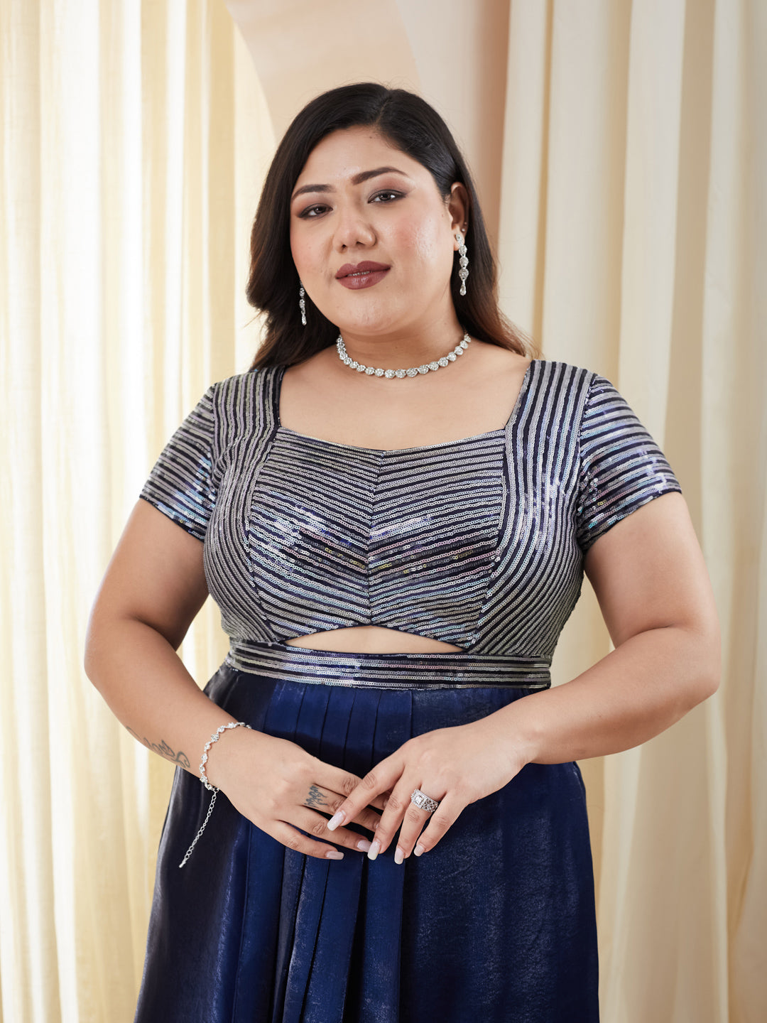 Navy Blue Sweetheart Embellished Gown in Premium Pleated Satin for Women