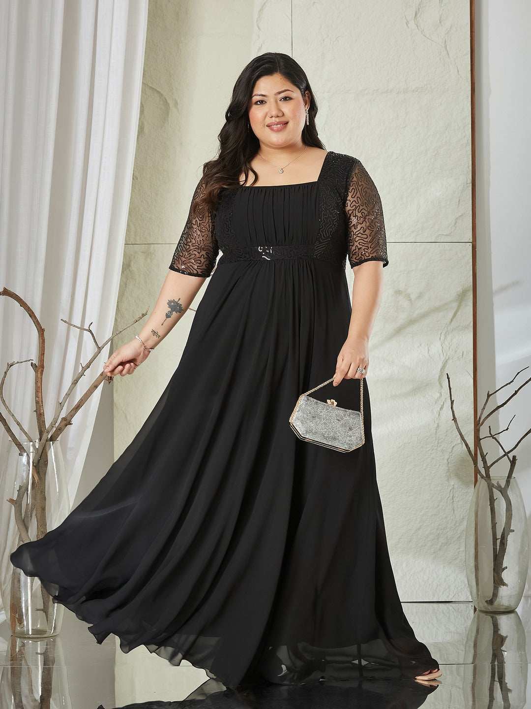 Black Square Neck Half Sleeve Solid Embellished Maxi Dress for Women