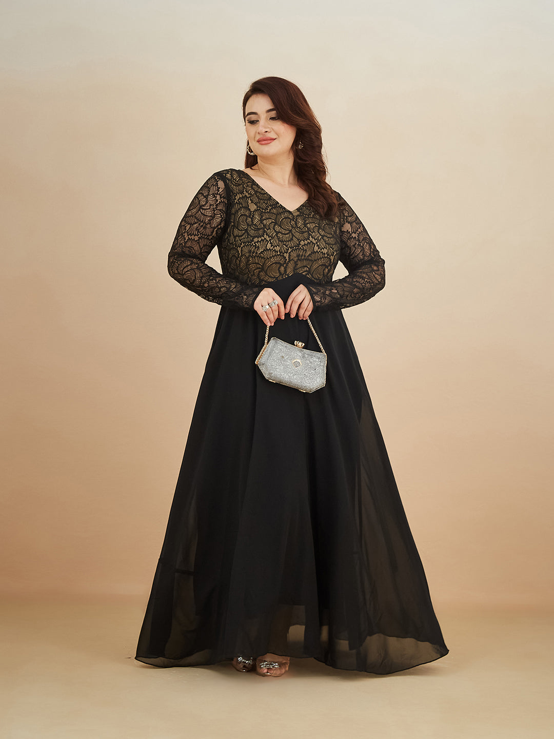 Black V-Neck Full Sleeve Self Design Lace-Overlaid Georgette Maxi Dress for Women — Miss Chase A+