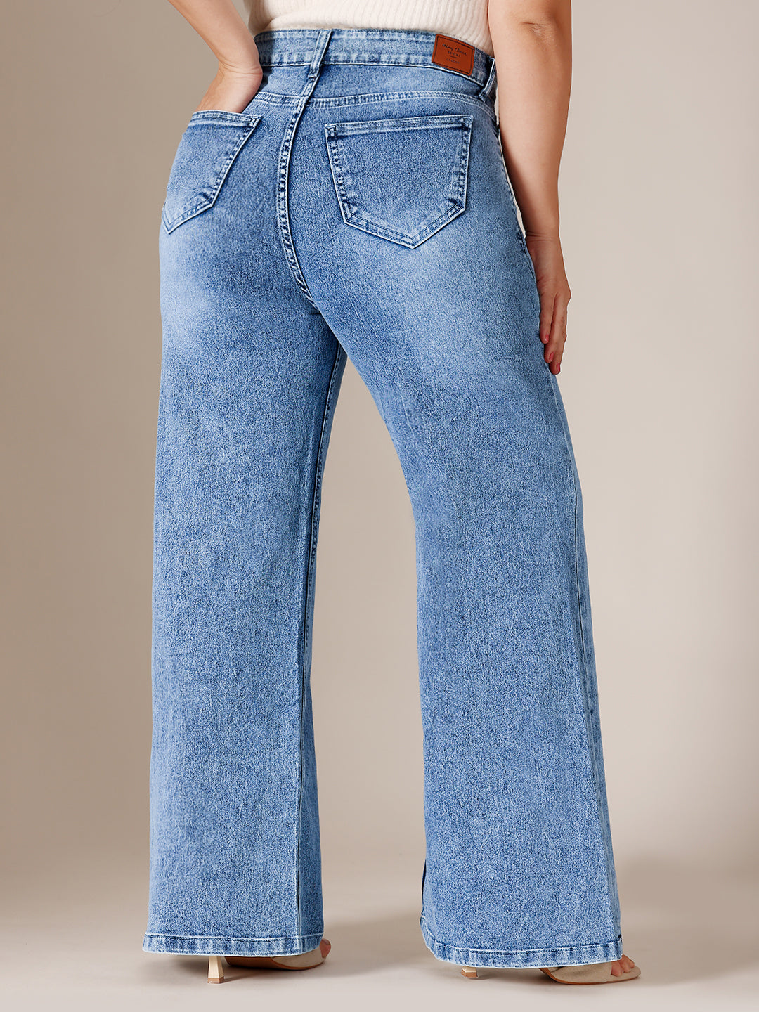 Light Blue Wide-Leg High Rise Clean Look Regular Length Stretchable Denim Jeans for Women