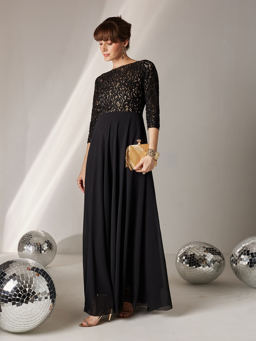 Black Self Design Boat Neck 3/4 Sleeves Side Pocketed Georgette Fit and Flare Maxi Length Dress for Women