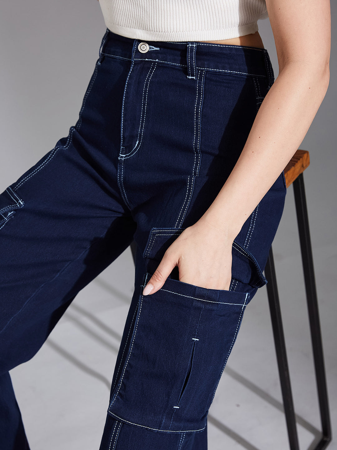 Women's Navy Blue Wide-Leg High-Rise Clean-Look Regular Stretchable Denim Jeans