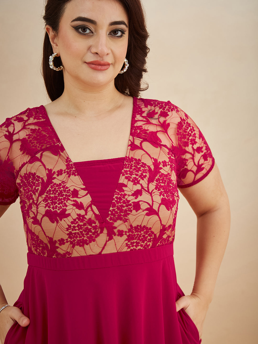 Dark Pink Square Neck Raglan Short Sleeve Self Design Lace Overlaid Georgette Maxi Dress for Women