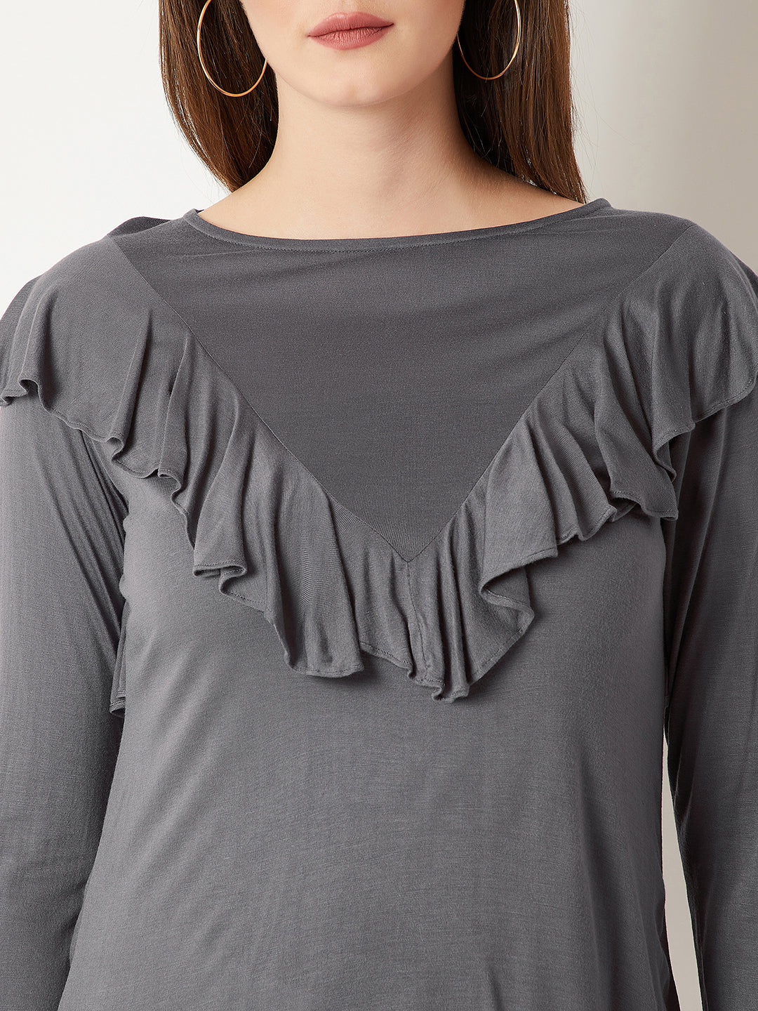 Women's Grey Round Neck Full Sleeves Solid Ruffled Top