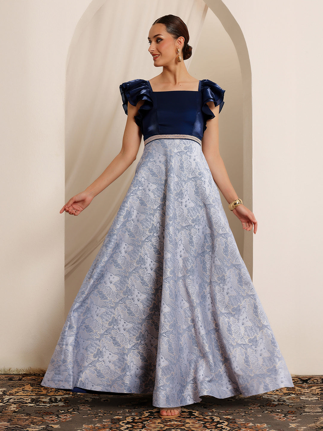 Women's Navy Blue White Square Neck Ruffled Floral Maxi Dress