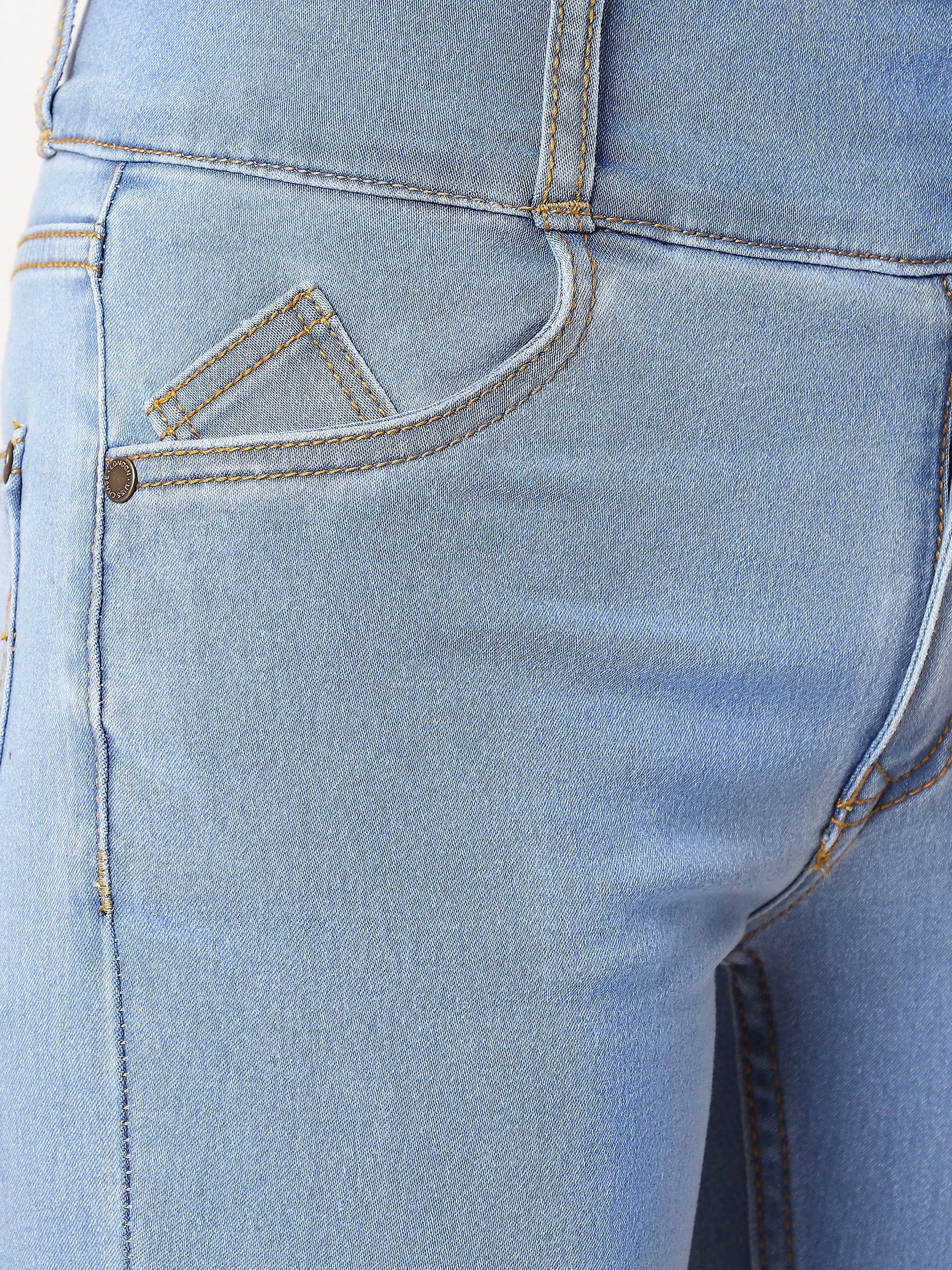 Women's Blue Skinny High Rise Broad Waist Band Zipper Detailing Clean Look Regular Length Denim Jeans