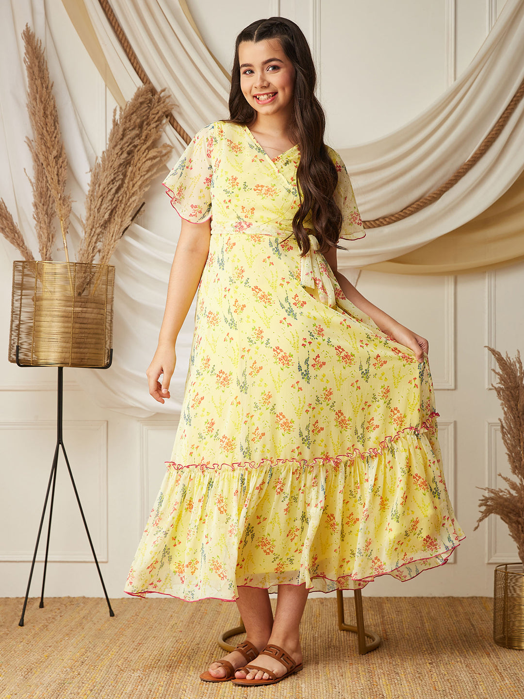 Multicolored-Base-Yellow V Neck Flared Sleeve Floral Wrap Maxi Dress