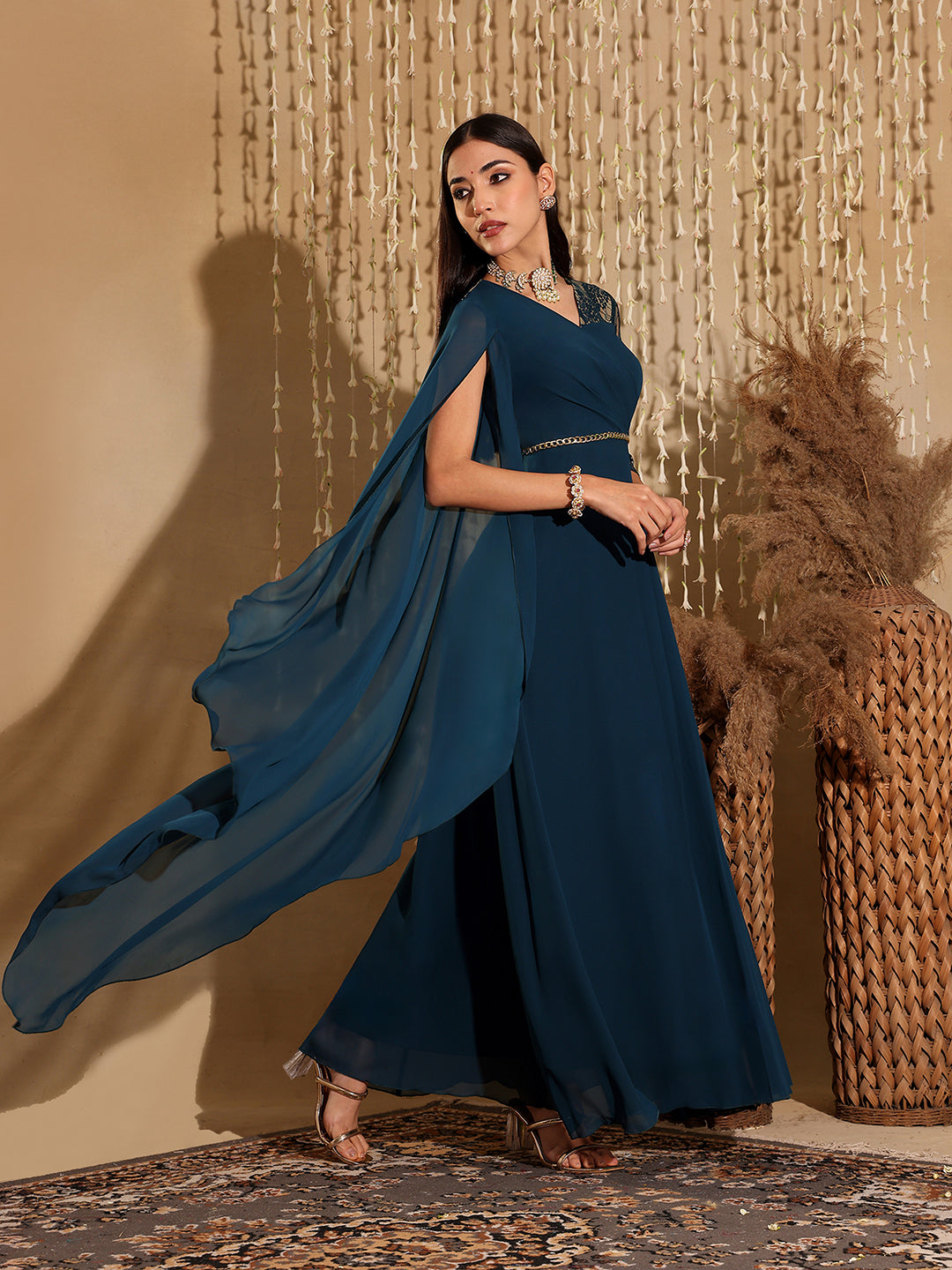 Women's Teal V-Neck Asymmetric Self-Designed Georgette Maxi Dress
