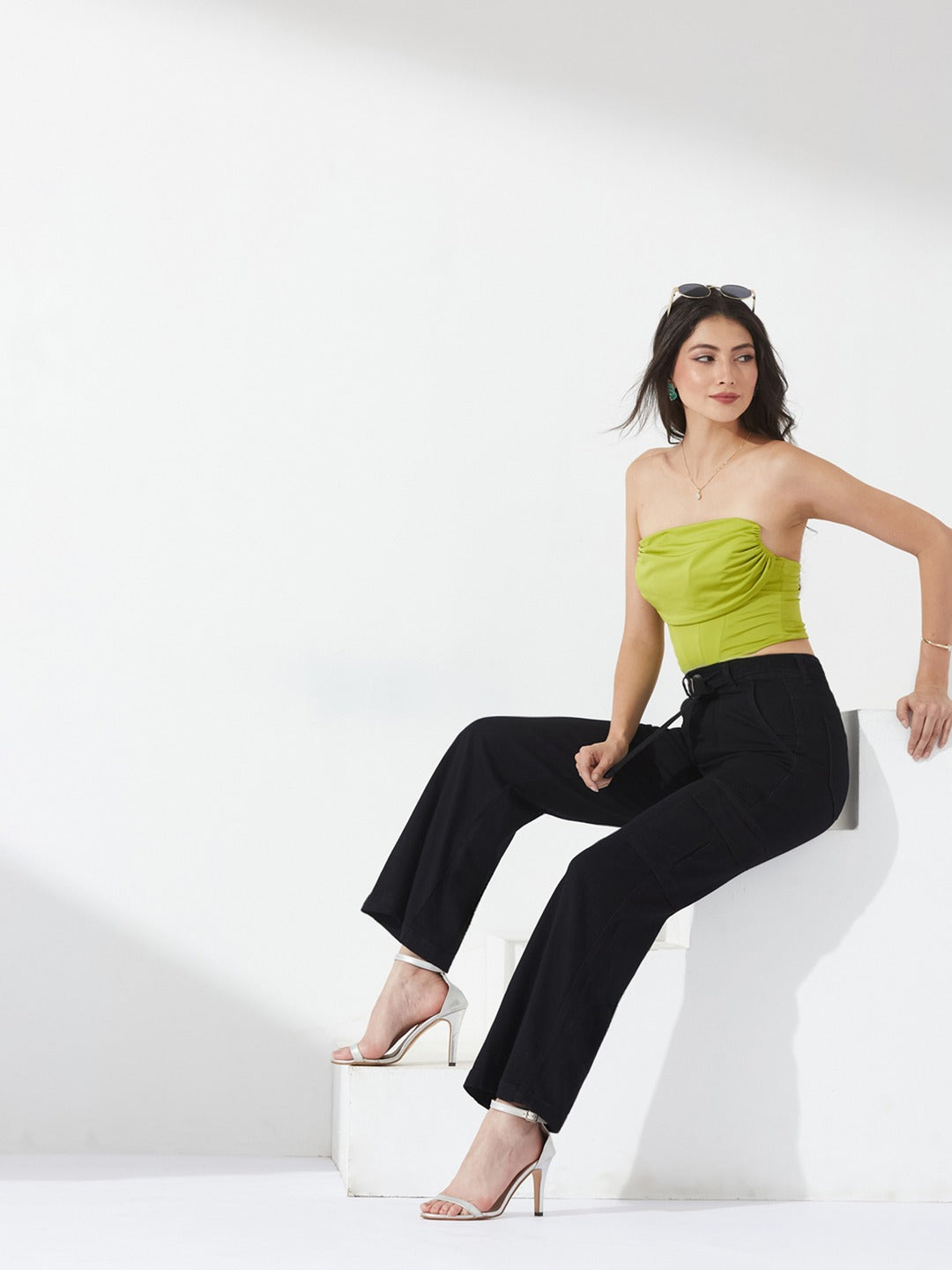Black Wide leg high-rise Regular Stretchable Denim Jeans for Women