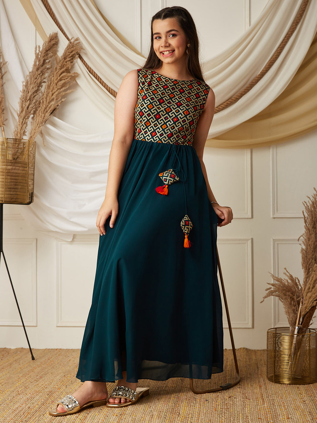 Multicolored-Base-Teal Round-Neck Sleeveless Embroidered Flared Polyester Maxi Dress
