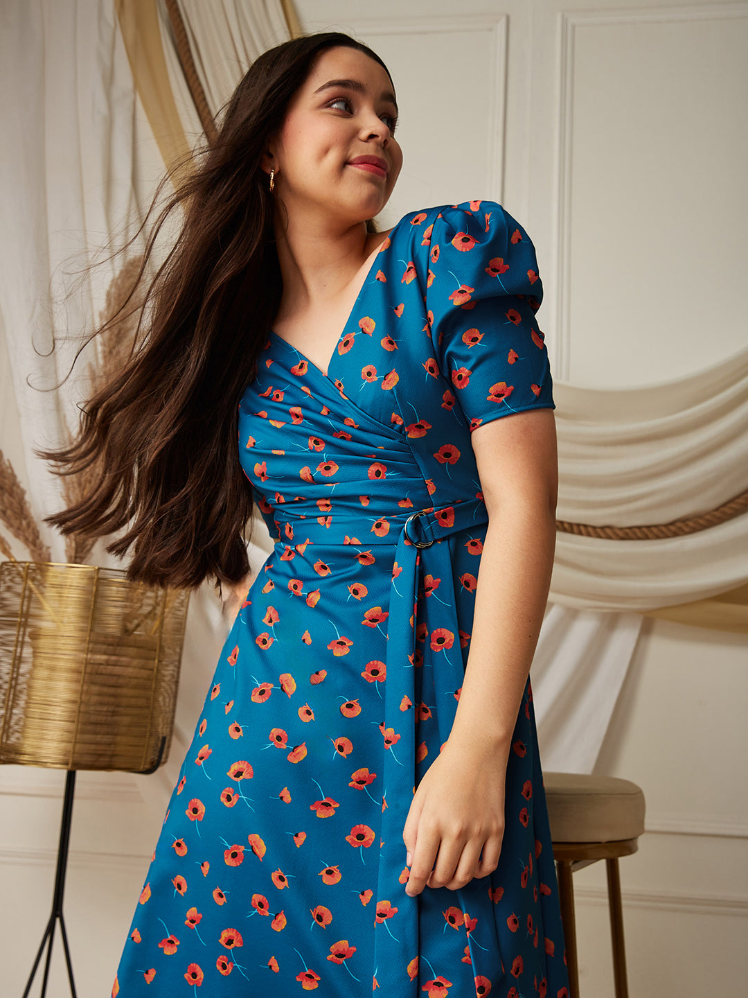 Multicolored-Base-Blue V-Neck Pleated Puff Sleeve Floral Patterned Wrap Midi Polyester Dress