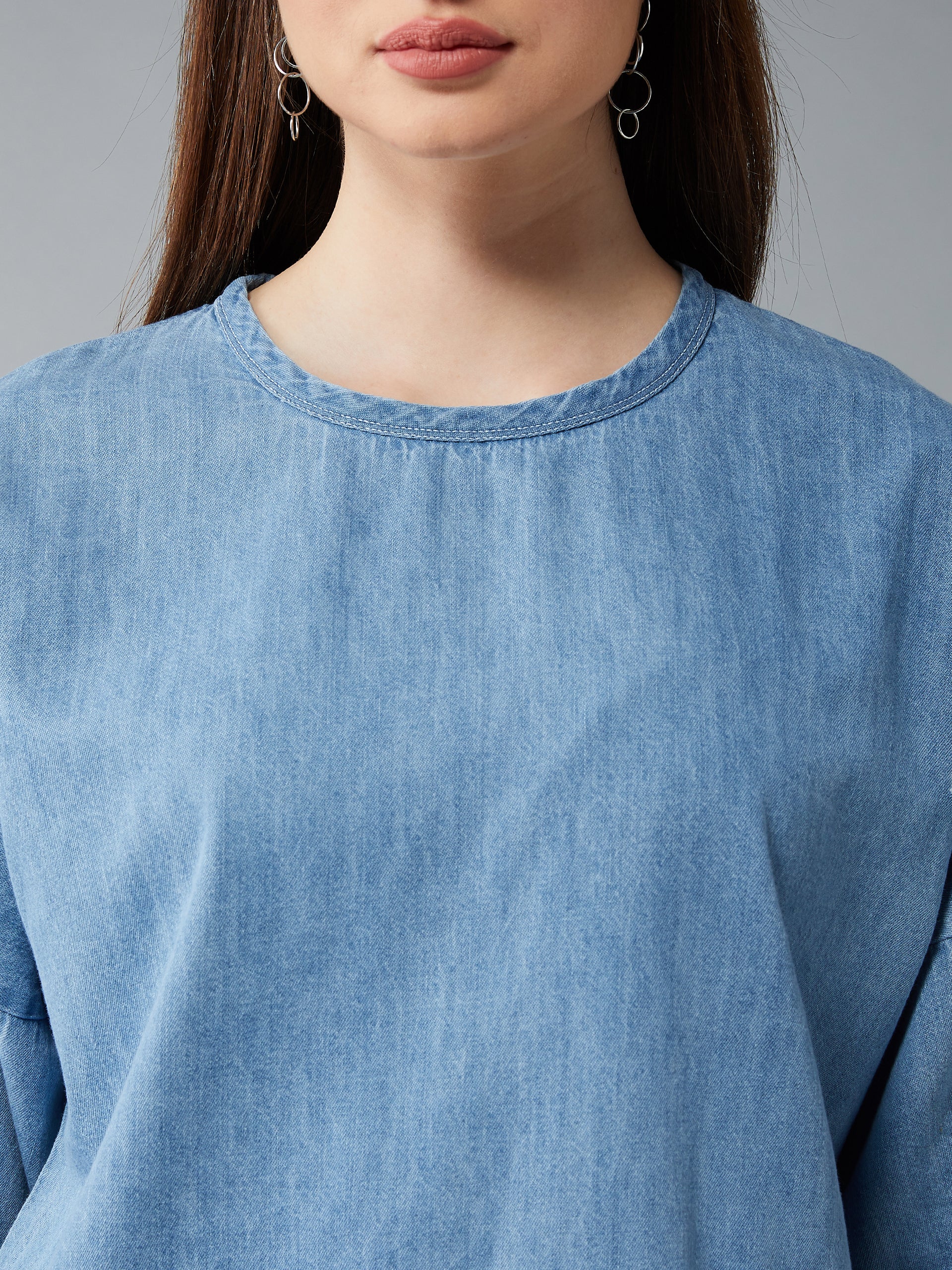 Women's Light Blue Round Neck Half Sleeves Solid Boxy Regular Ripped Top