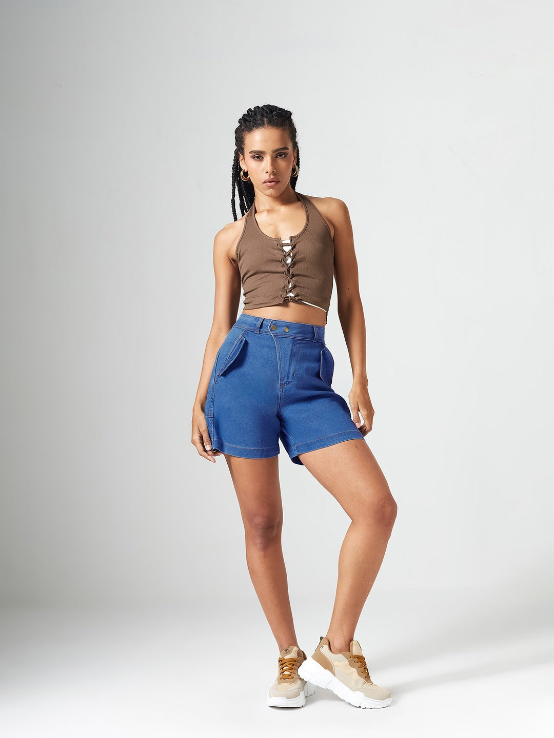 Relaxed-Fit Mid-Rise Clean-Look Stretchable Blue Denim Bermuda Shorts for Women