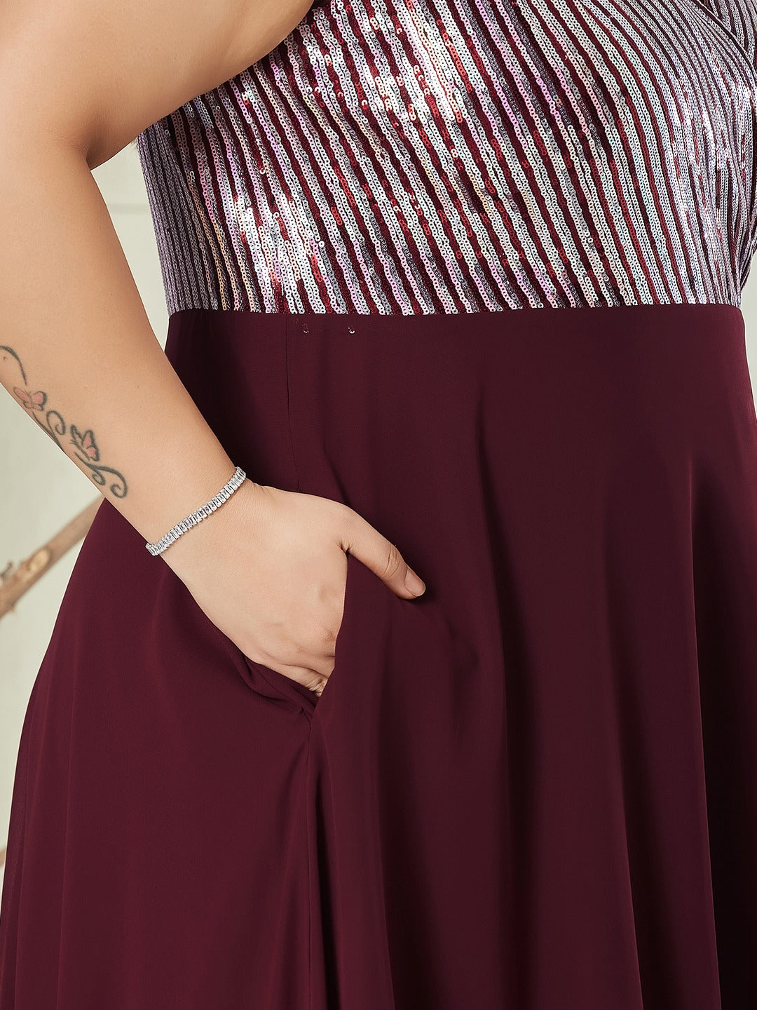 Wine V-Neck Sleeveless Embellished Wrap-Styled Maxi Georgette Dress for Women