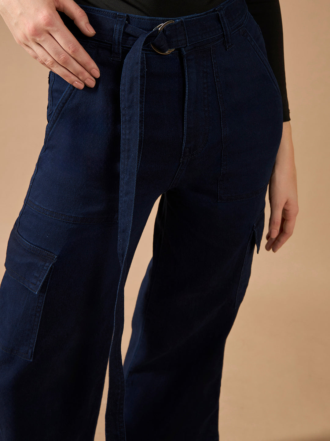 Women's Navy Blue Wide leg High rise Stretchable Cargo Denim Jeans