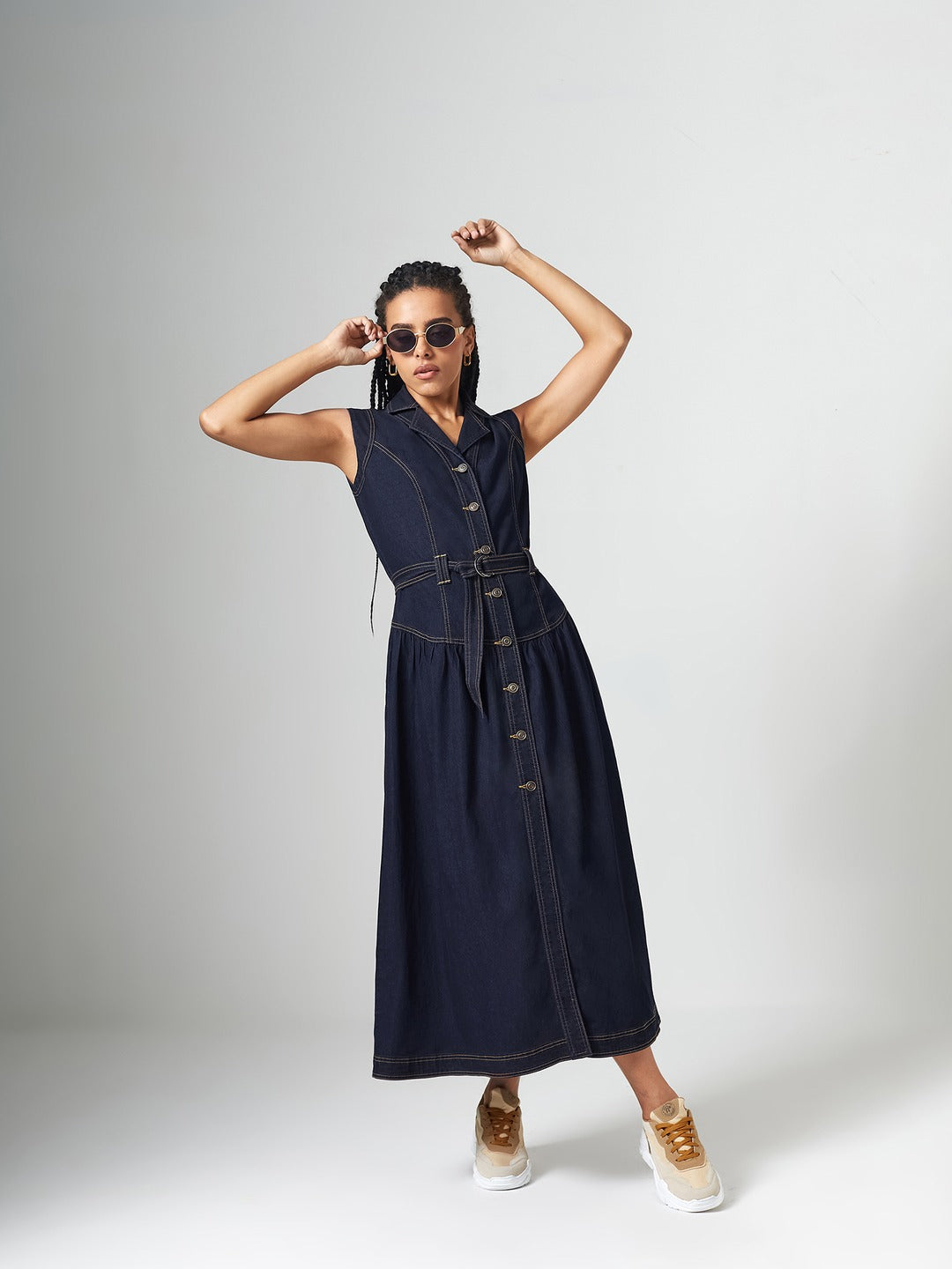 Dark Blue Notched-Collar Sleeveless Solid Drop Waist Maxi-Length Light Weight Denim Shirt Dress for Women