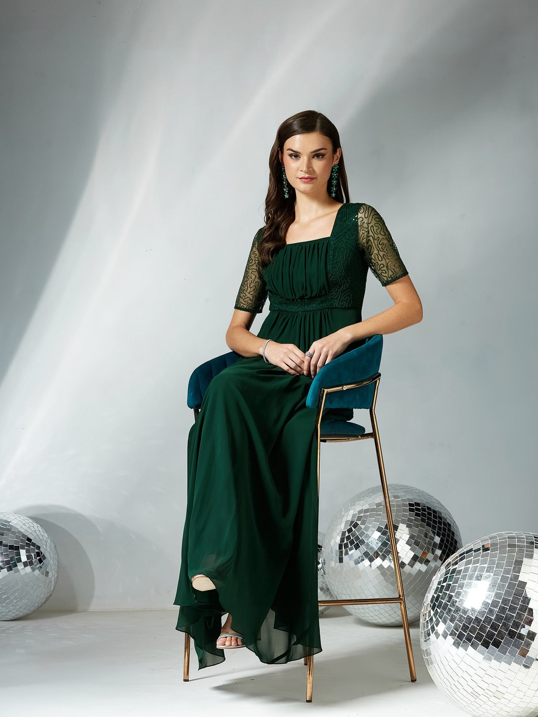 Dark Green Square Neck Half Sleeve Solid Embellished Maxi Dress for Women