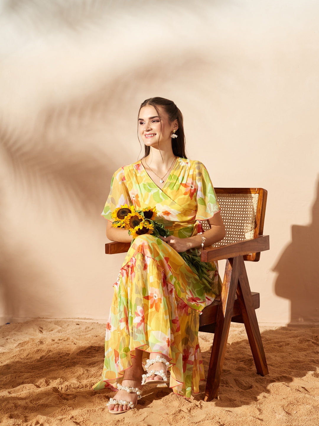 Butter Yellow Floral Printed Flutter Sleeves Maxi Dress for Women