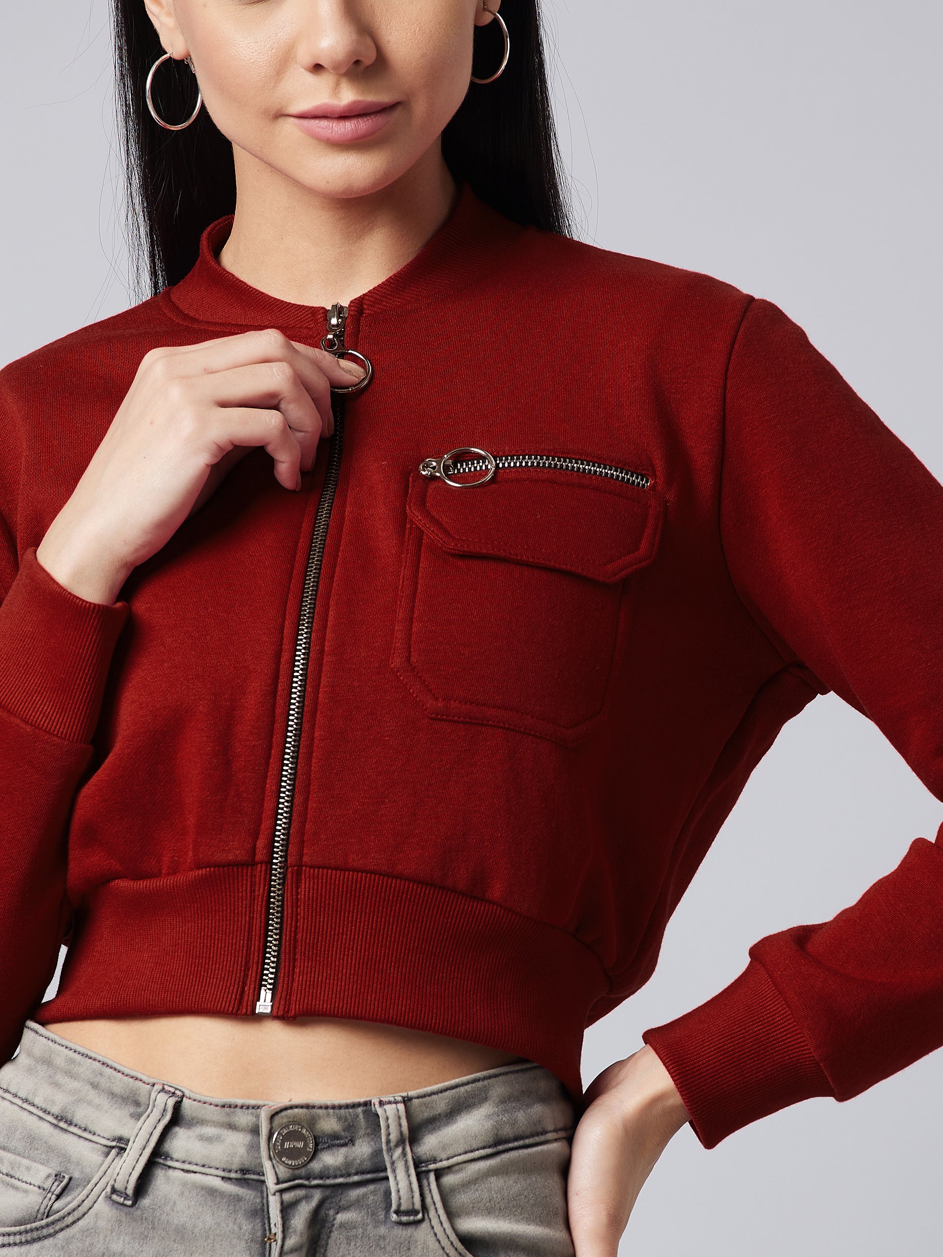 Women's Maroon Stand Collar Full Sleeve Solid Bomber Crop Jacket