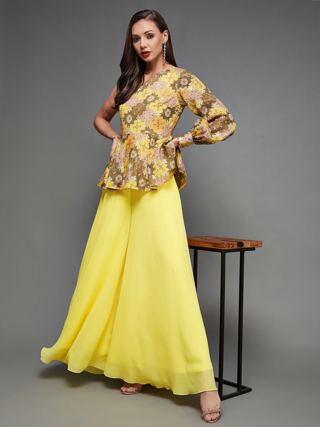Women's Multicolored-Base-Yellow  Geometric One Shoulder Neck Bishop Sleeves Georgette Layered Regular-Length Jumpsuit