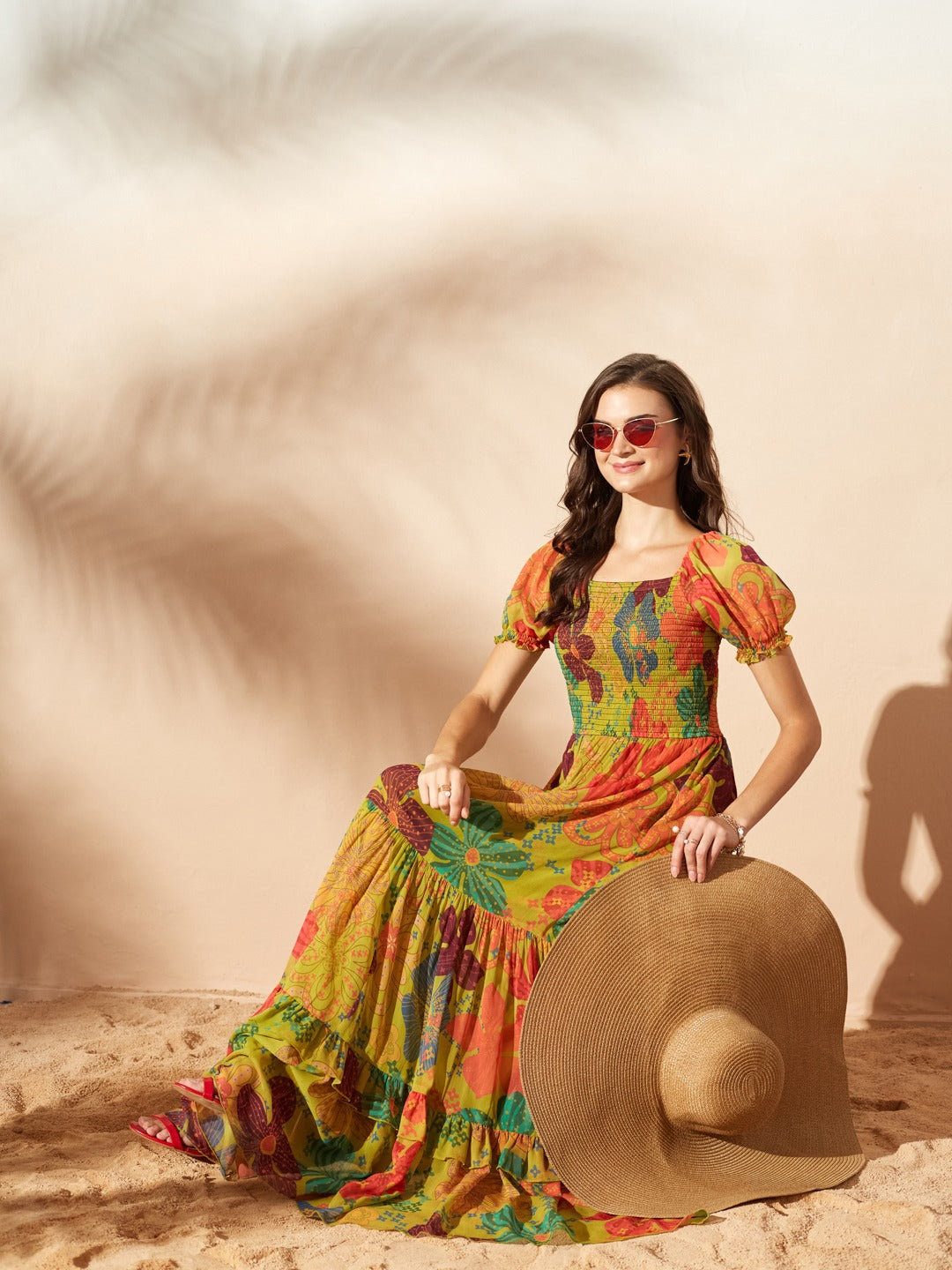 Lime Green Square Neck Puff Sleeve Floral Fit And Flare Maxi Chiffon Dress for Women
