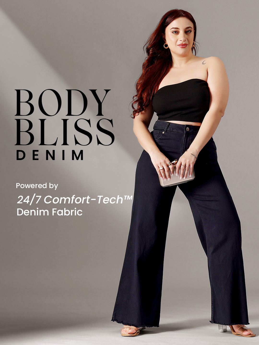 Body Bliss Black High-Rise Clean-Look Stretchable Wide-Leg Denim Jeans for Women