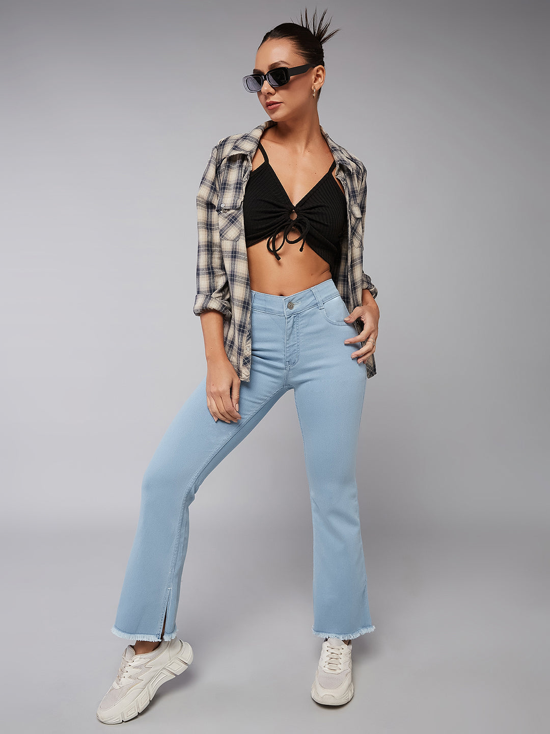 24/7 Comfort Women's Light Blue Bell Bottom Semi-Bootcut High Rise Cropped Timeless Denim Stretchable Jeans