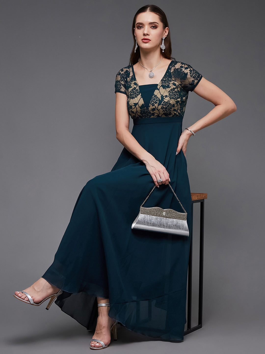 Women's Teal Square Neck Raglan Short Sleeve Self Design Lace Overlaid Georgette Maxi Dress