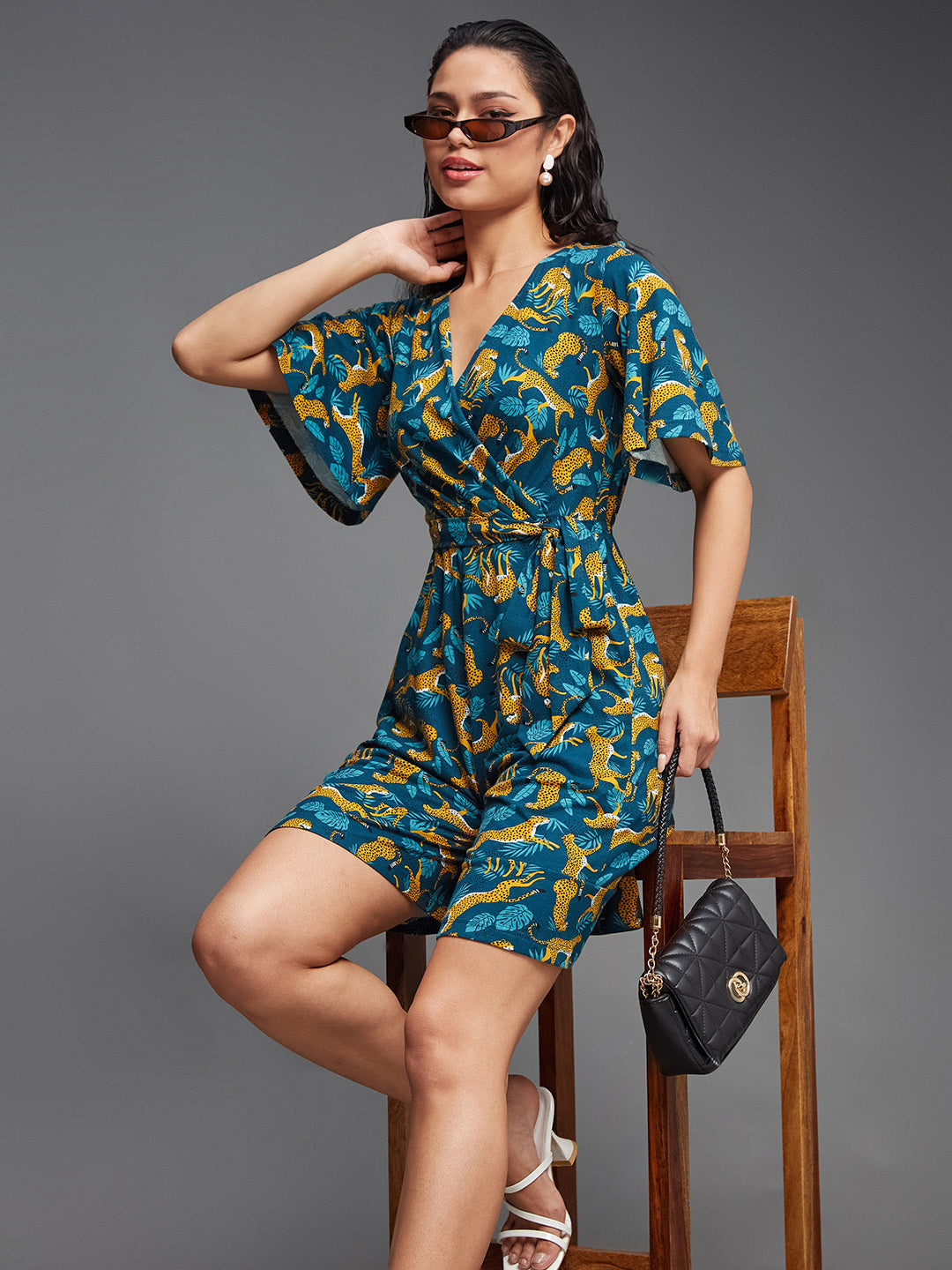 Women's Multicolored-Base-Teal V-Neck Half Sleeve Animal-Patterned Wrap Styled Pure Cotton Knee-Long Playsuit